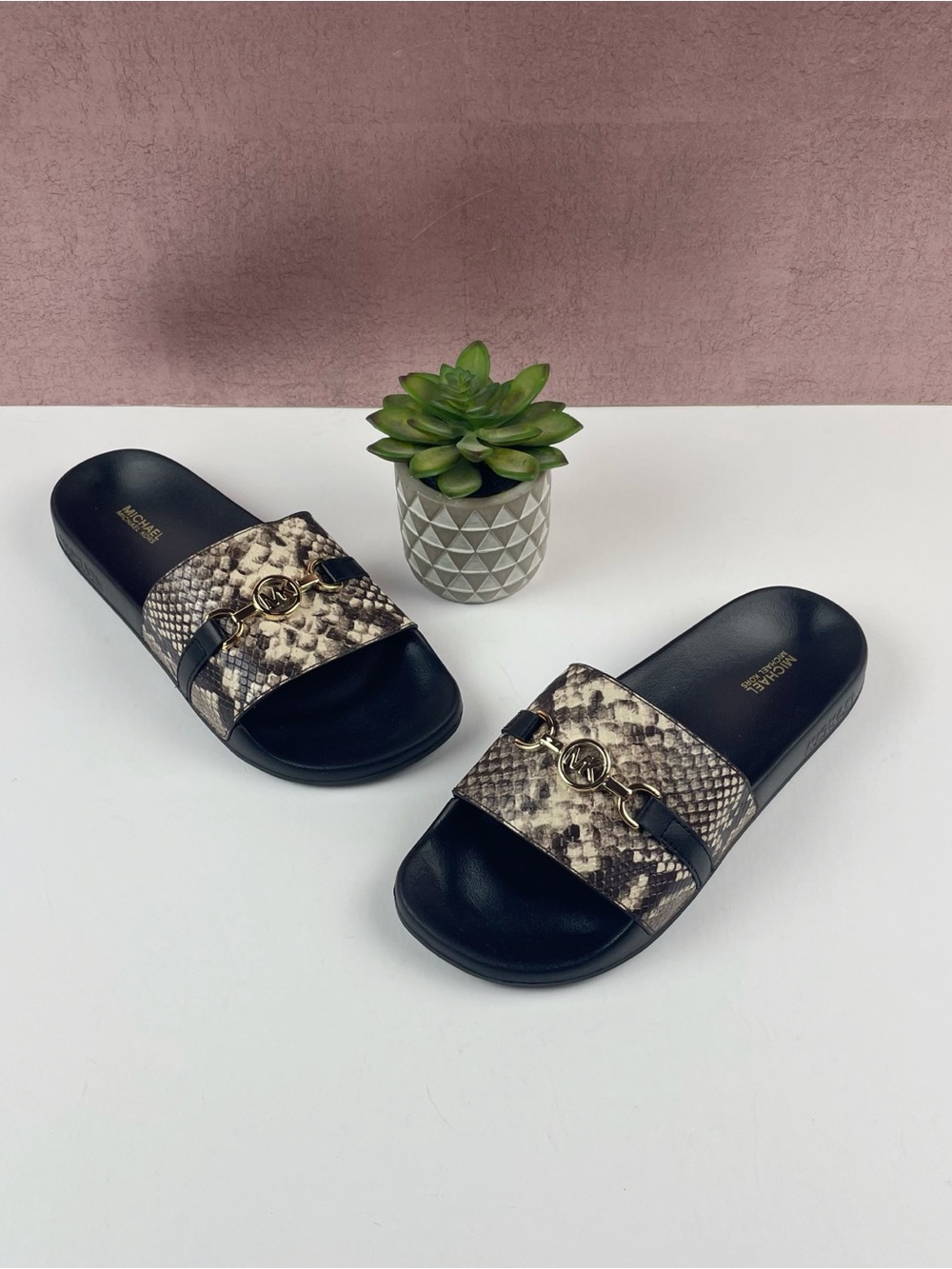 Michael Kors Black Gold White Snake Animal Print Slides Sandals Shoes Women Eva